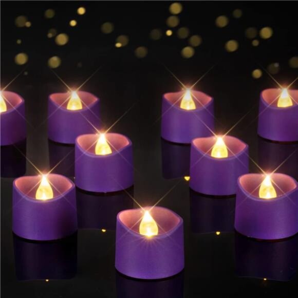 Purple Tea Lights Candles Battery Operated, 200+Hour Flameless Flickering Fake - Picture 1 of 7